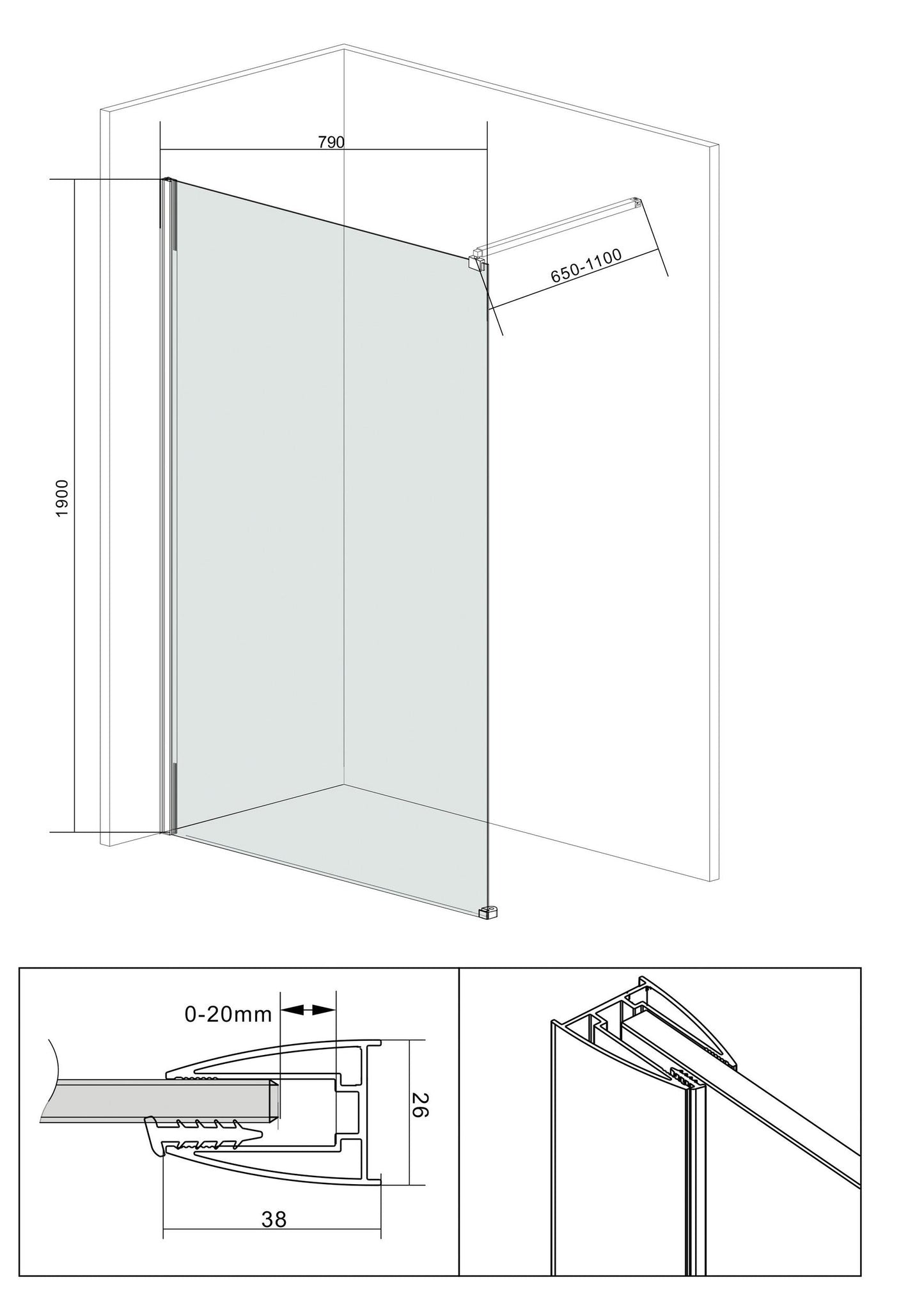 Walk-in shower 90x190 cm from Welltime
