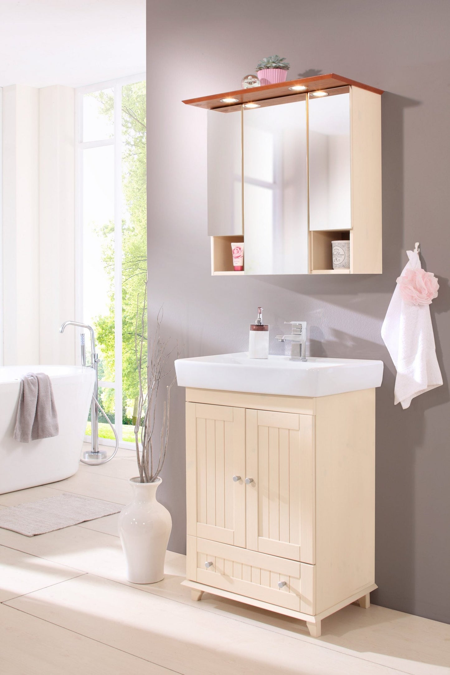 "Venezia" Washbasin Cream color from Welltime , made of solid pine, 2 doors, 1 drawer