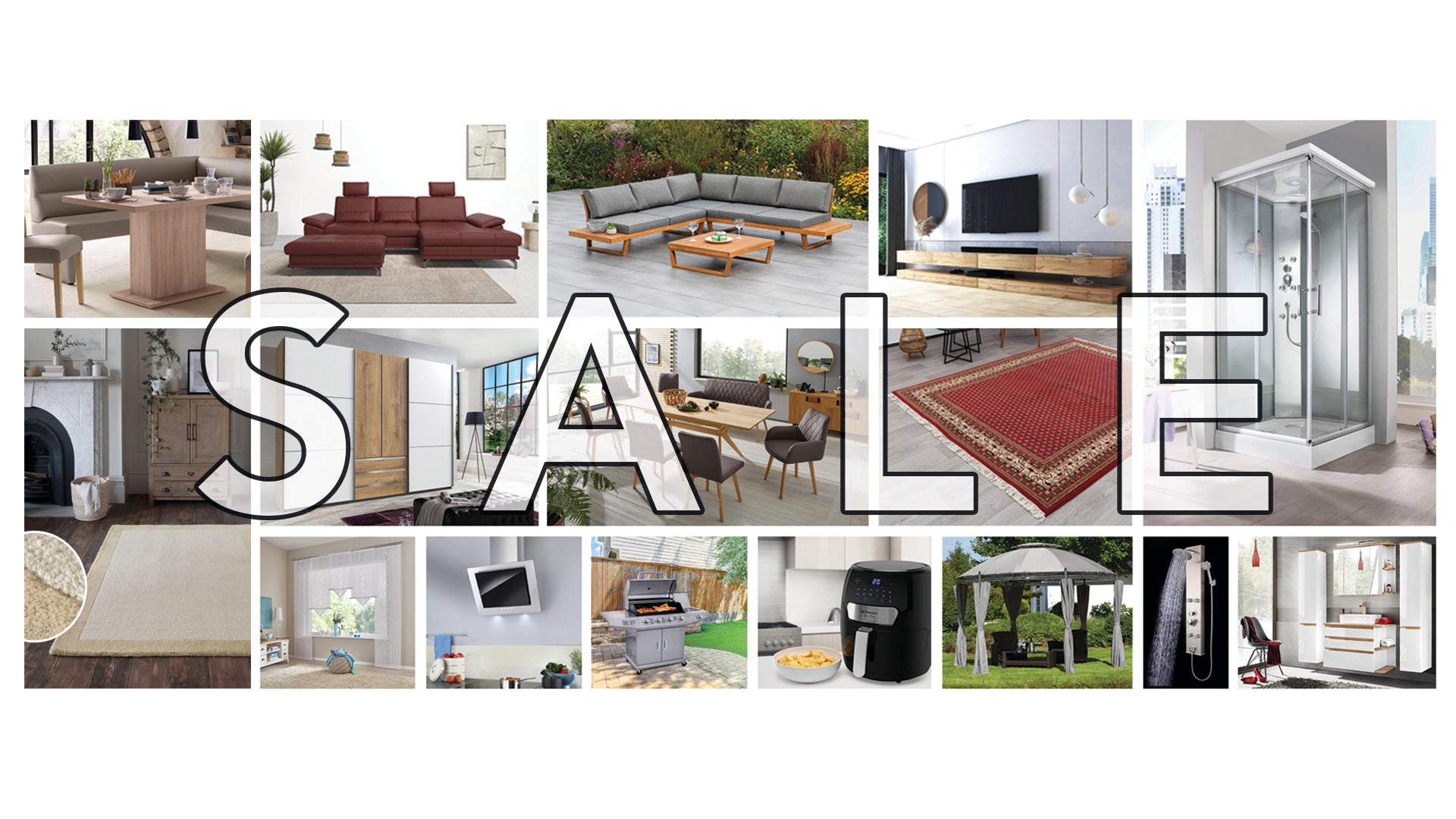 Collage of home interior and furniture with 'SALE' text overlay.